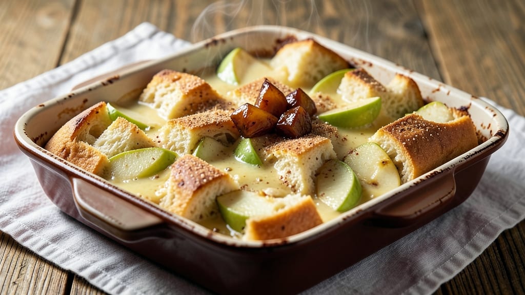 Apple Custard Bread Pudding Recipe: Warm Spiced Apple Streusel Topped With Vanilla Cream