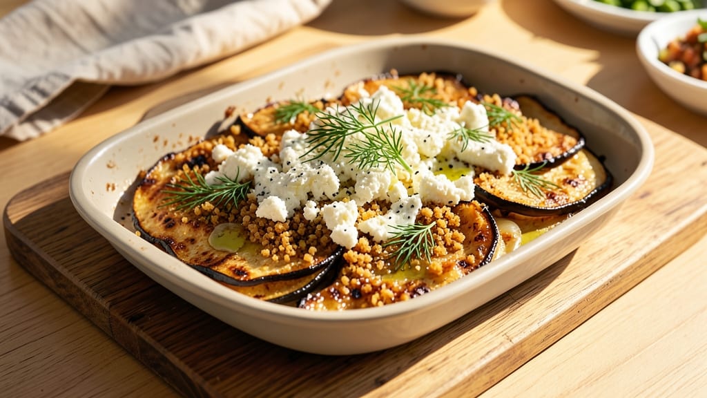 Aubergine, Kitchen Cheese, and Bread Recipe: Smoky Roasted Eggplant with Melty Feta Crust